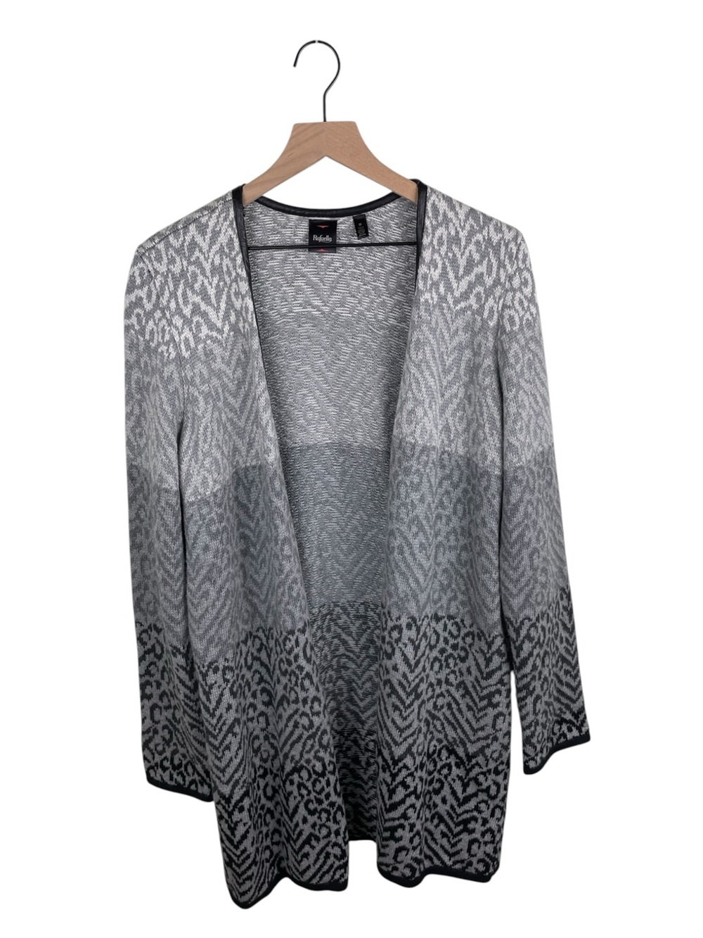Rafaella Grey Animal Print Cardigan Size Medium Open Front Faux Leather Trim
